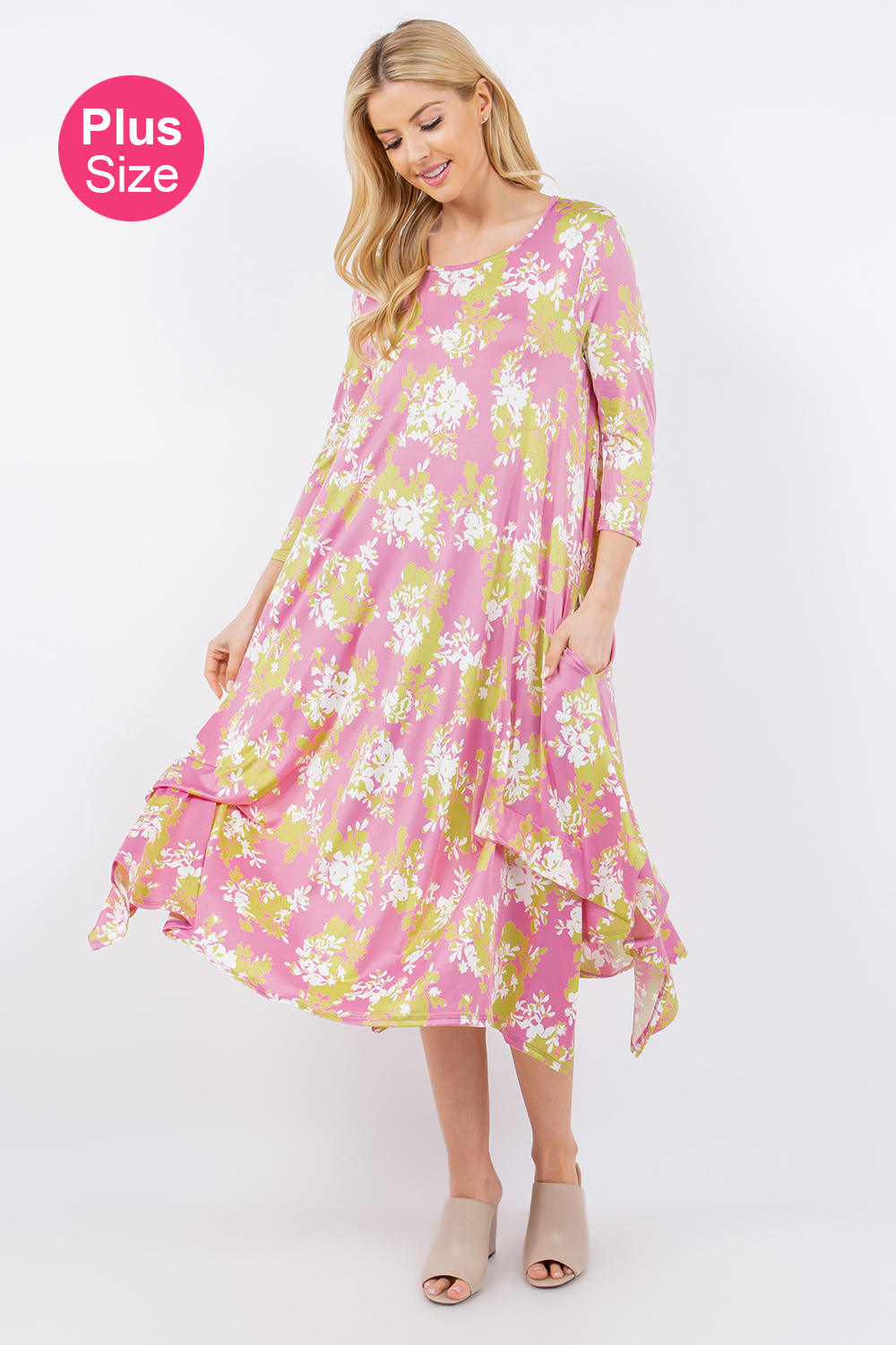 CD43771G-PL<br/>PLUS FLORAL PRINT LAYERED BOTTOM DRESS WITH POCKETS
