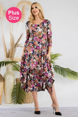 CD43771H-PL<br/>PLUS FALL FLORAL MIDI-DRESS WITH 3/4 SLEEVES