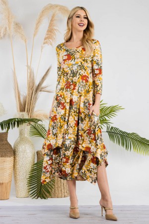 CD43771H<br/>FALL FLORAL MIDI-DRESS WITH 3/4 SLEEVES