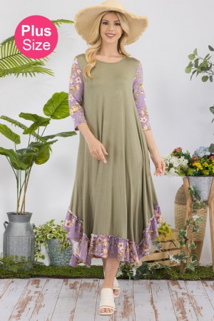 CD43807S-PL<br/>PLUS MODEST MIDI-DRESS WITH FLORAL SLEEVES AND HEMLINE