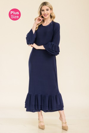 CD43898-PL<br/>PLUS MODEST MIDI DRESS WITH 3/4 RUFFLE BELL SLEEVES