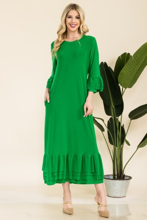 CD43898<br/>MODEST MIDI DRESS WITH 3/4 RUFFLE LAYERED BELL SLEEVES