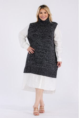 CI-10083-PL<br/>PLUS TURTLE NECK MIDI-DRESS WITH CONTRASTING SLEEVES