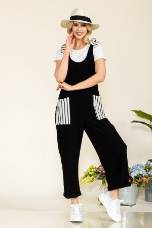 CP43873A<br/>URBAN RIB JUMPSUIT WITH STRIPE CONTRAST POCKETS