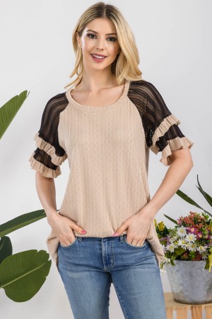 CT33703A<br/>SCOOP NECK TOP WITH RUFFLE LAYERED SLEEVES