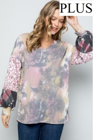 CT43660D-PL<br/>Plus Tie-Dye V-Neck with Leopard and Plaid Puff Sleeves