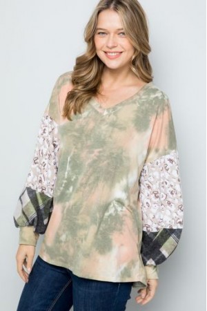 CT43660D<br/>Tie-Dye V-Neck with Leopard and Plaid Puff Sleeves