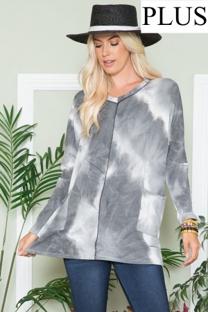 CT43673C-PL<br/>Plus Oversized Tie-Dye V-Neck Long Sleeve Top with Overstitch Details and Pockets