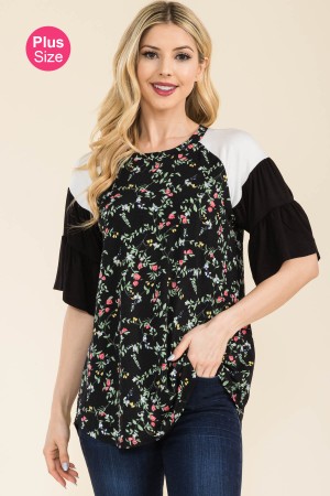 CT43702E-PL<br/>PLUS FLORAL PRINT TOP WITH CONTRASTING BELL SLEEVES