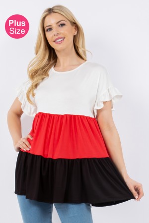 CT43707F-PL<br/>Plus Tiered Color Block with Ruffle Short Sleeve