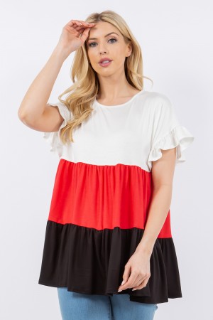 CT43707F<br/>Tiered Color Block with Ruffle Short Sleeve