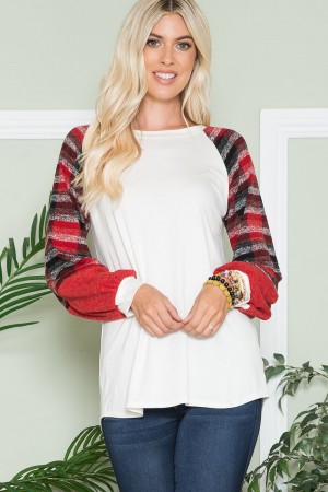 CT43735B<br/>Long Sleeve Top with Plaid and Color Block Contrast Puff Sleeves