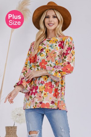 CT43868B-PL<br/>PLUS FLORAL TOP WITH 3/4 PLUFF SLEEVES