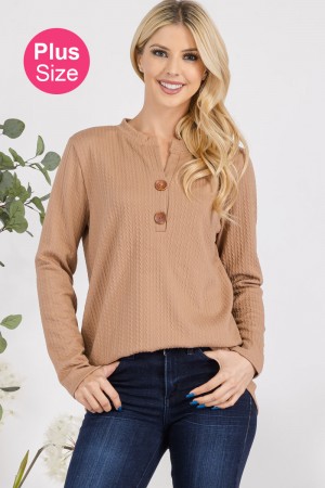 CT43870-PL<br/>PLUS CABLE-KNIT HENLEY LONG SLEEVE TOP