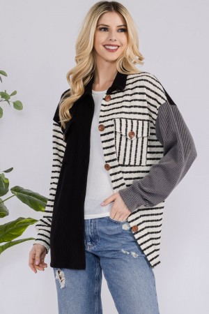 CT43874<br/>STRIPED CONTRAST BUTTON UP SHACKET