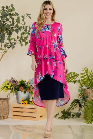 CT43884<br/>FLORAL HI-LOW TUNIC WITH LAYERED SLEEVES