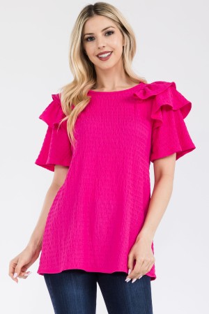 CT43901<br/>TOP WITH RUFFLE LAYERED SHOULDER SLEEVES