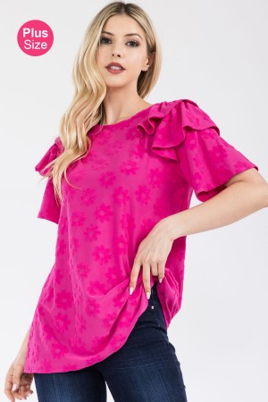CT43901A-PL<br/>PLUS DAISY FLORAL TOP WITH RUFFLE LAYERED SHOULDER SLEEVES