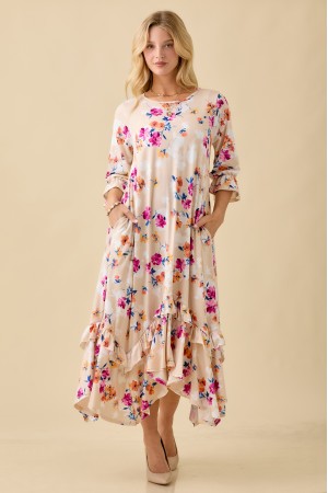 MD13228<br/>FLORLA RUFFLE HEM MODEST MIDI DRESS