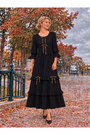 MD13277C-PL<br/>Maxi solid dress with 3/4 sleeves with ruffle cuffs, and delicate ruffle down the bodice.