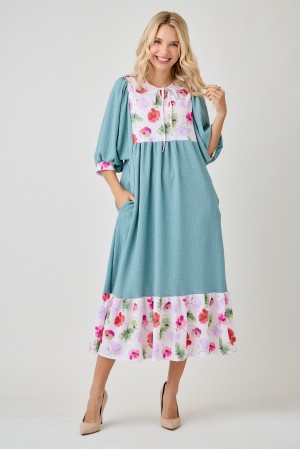 MD43949B-PL<br/>PLUS SIZE TEXTURED FLORAL CONTRAST DRESS WITH DOLAMN SLEEVES